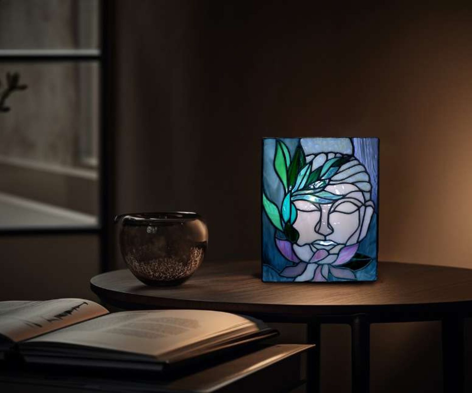 Stained Glass-Lantern-Buddha- Peach Slate (2)