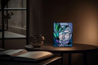 Stained Glass-Lantern-Buddha- Peach Slate (2)