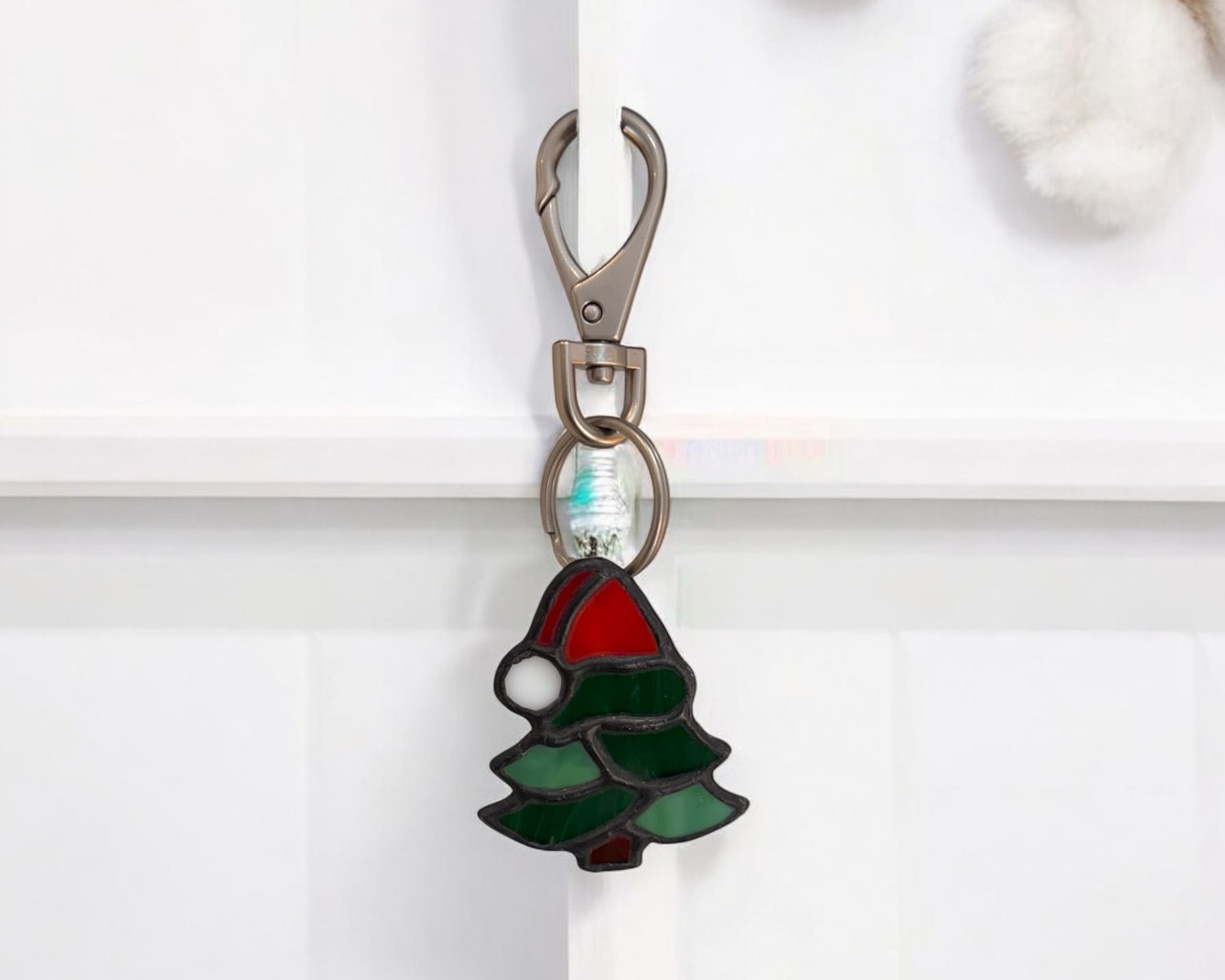 Stained Glass - Keychain- Tree with a Santa Hat