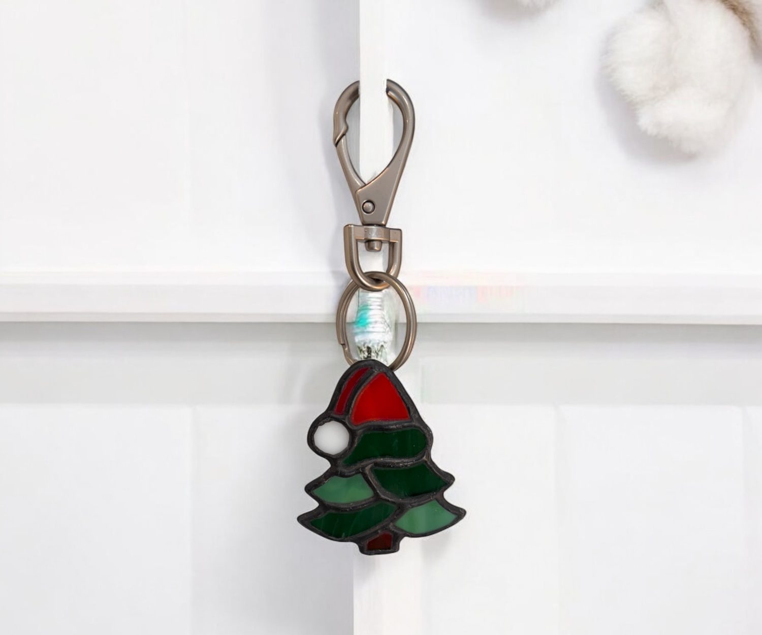 Stained Glass - Keychain- Tree with a Santa Hat
